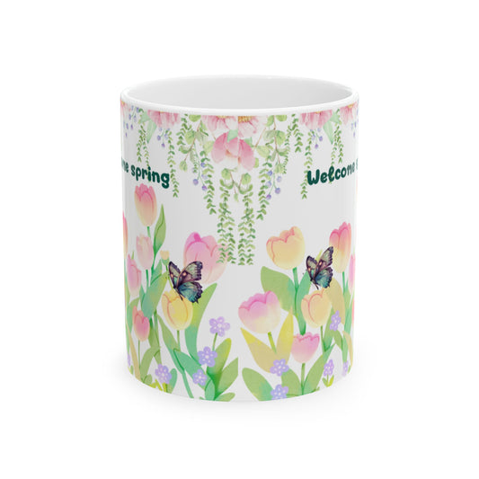 Spring Floral Ceramic Mug, Butterfly Coffee Cup, Welcome Spring Drinkware, Cute Garden Mug, Gift for Flower Lovers