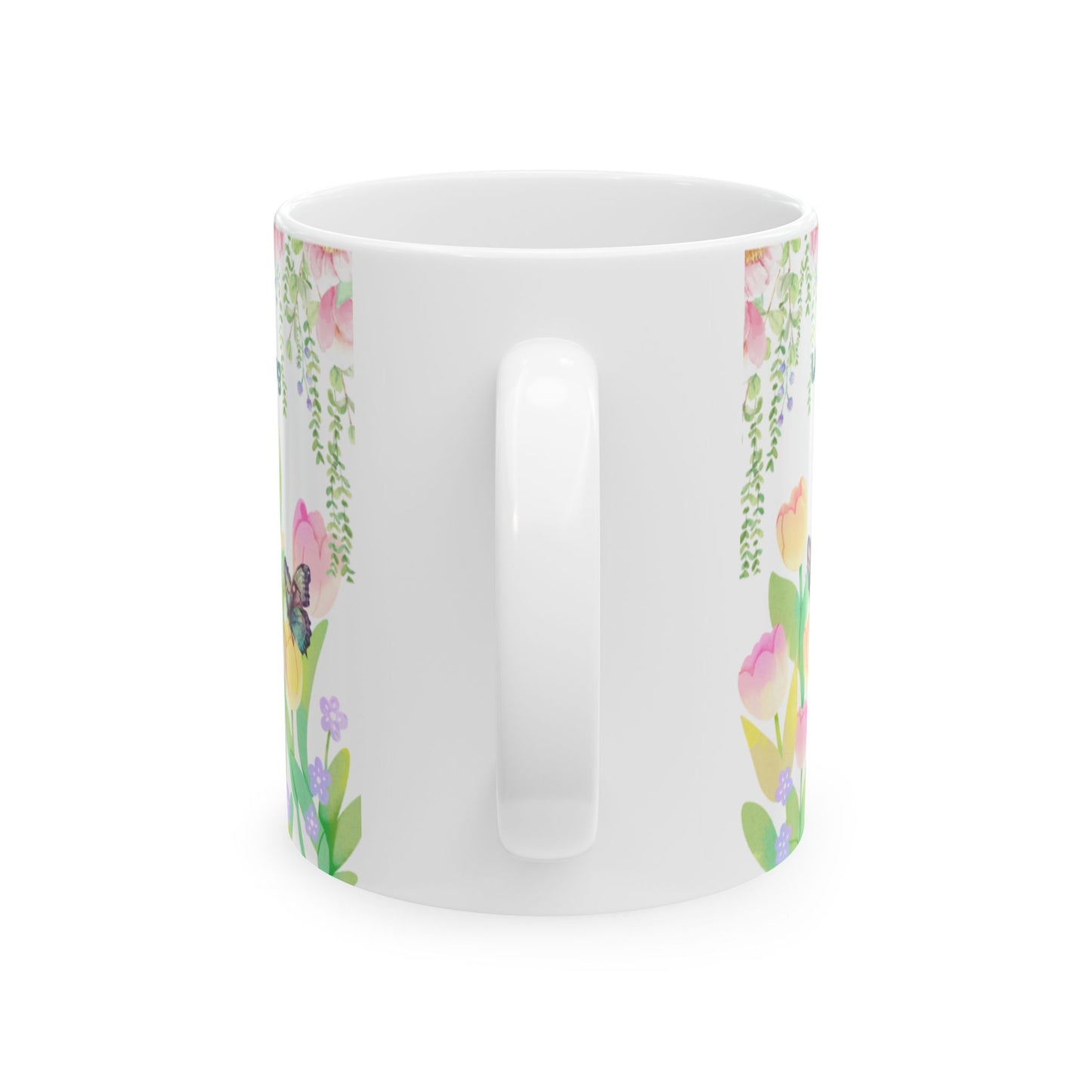 Spring Floral Ceramic Mug, Butterfly Coffee Cup, Welcome Spring Drinkware, Cute Garden Mug, Gift for Flower Lovers