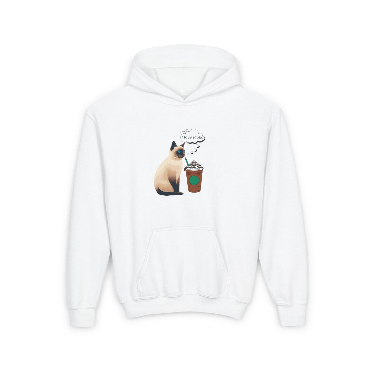 Siamoi cat drink moka Cute Cat & Coffee Youth Hoodie, Adorable Pet Sweatshirt, Animal Lover Gift, Cozy Outfits for Kids, Feline