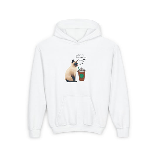 Siamoi cat drink moka Cute Cat & Coffee Youth Hoodie, Adorable Pet Sweatshirt, Animal Lover Gift, Cozy Outfits for Kids, Feline