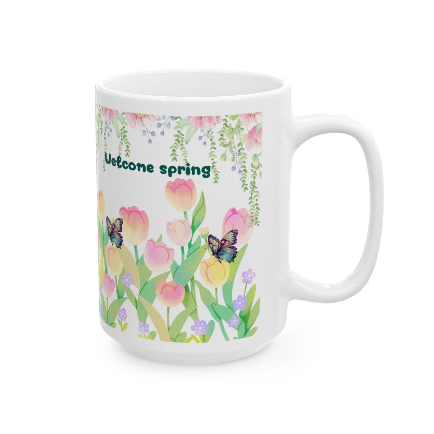 Spring Floral Ceramic Mug, Butterfly Coffee Cup, Welcome Spring Drinkware, Cute Garden Mug, Gift for Flower Lovers