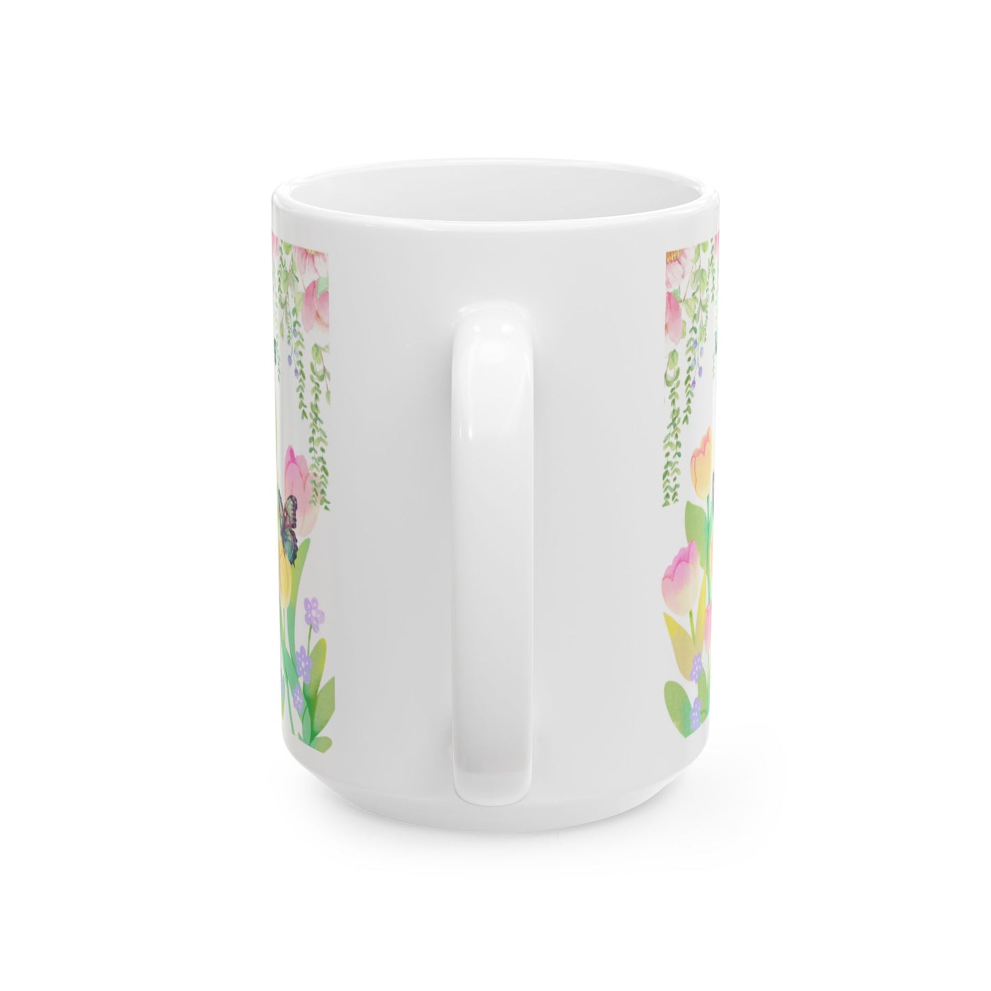 Spring Floral Ceramic Mug, Butterfly Coffee Cup, Welcome Spring Drinkware, Cute Garden Mug, Gift for Flower Lovers