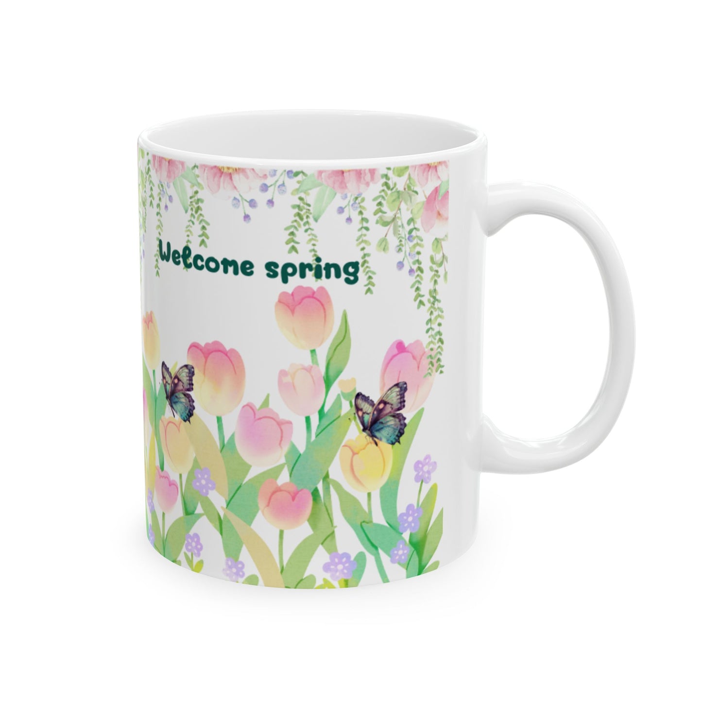 Spring Floral Ceramic Mug, Butterfly Coffee Cup, Welcome Spring Drinkware, Cute Garden Mug, Gift for Flower Lovers